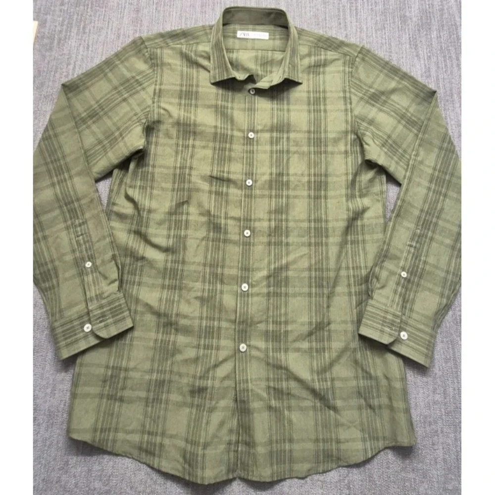 Zara men's‎ green plaid long sleeve button up shirt XL stretch classic